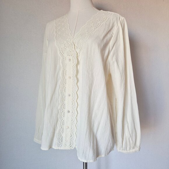 NWoT Madewell Crinkle Eyelet Trim Button-Front Blouse Cotton Ivory NG899 - Picture 2 of 14